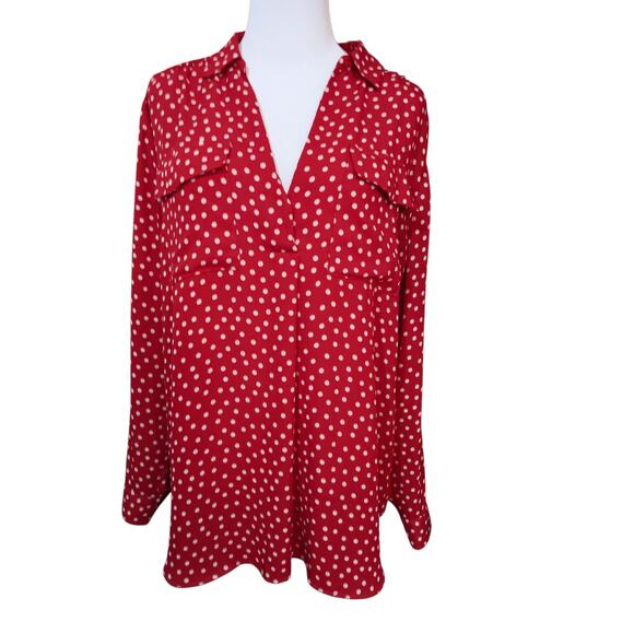 ANN‎ TAYLOR Classic Dressy Career Blouse Top Large Pockets Red Beige Polka Dots - Picture 8 of 9